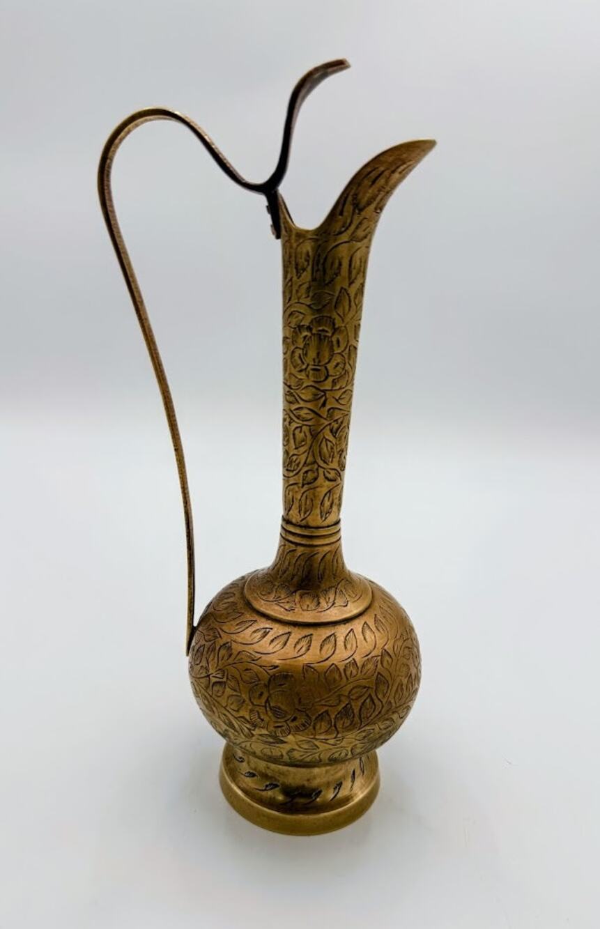 Vintage Etched Brass Pitcher Vase Made in India Floral Engraved Decor